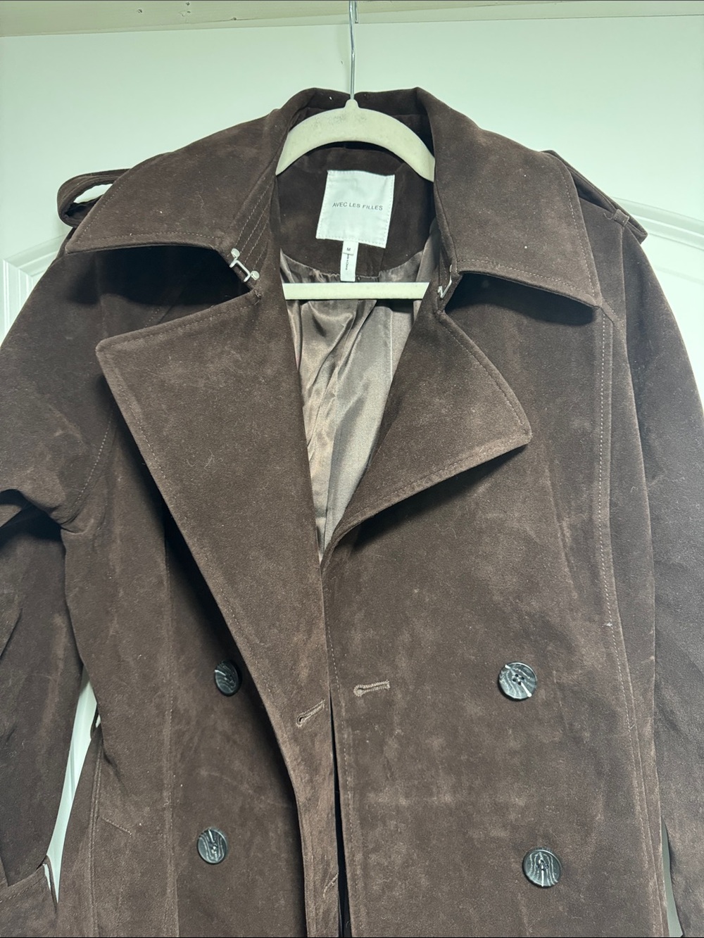 Avec Les Filles Brown Double-Breasted Suede Trench Coat - Picture 4 of 5
